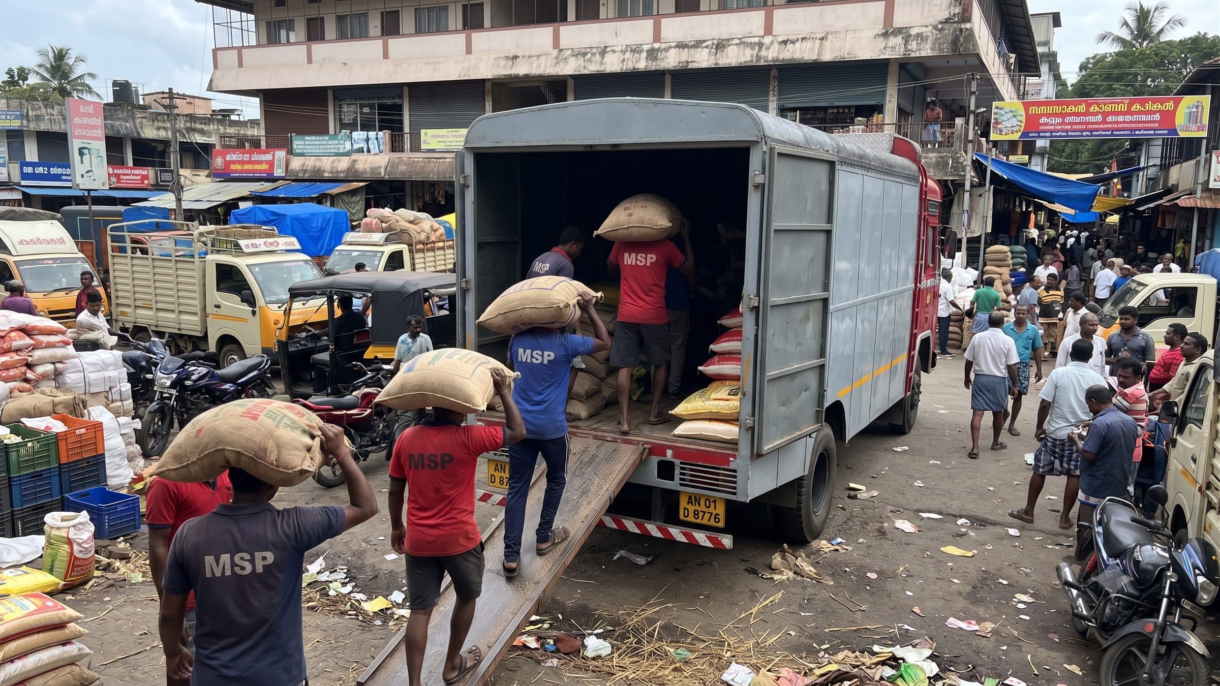 MSP team delivering sacks from an MSP lorry at a busy market