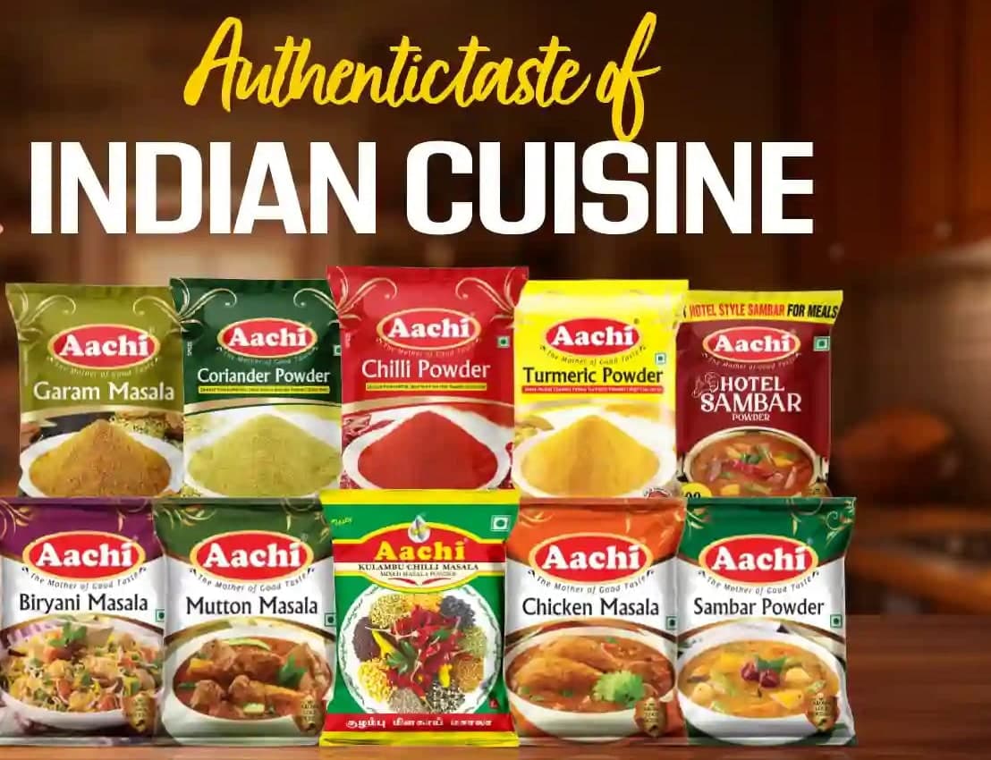 Aachi masala range — Garam Masala, Coriander, Chilli and Turmeric Powder, Sambar, Biryani, Mutton and Chicken Masala