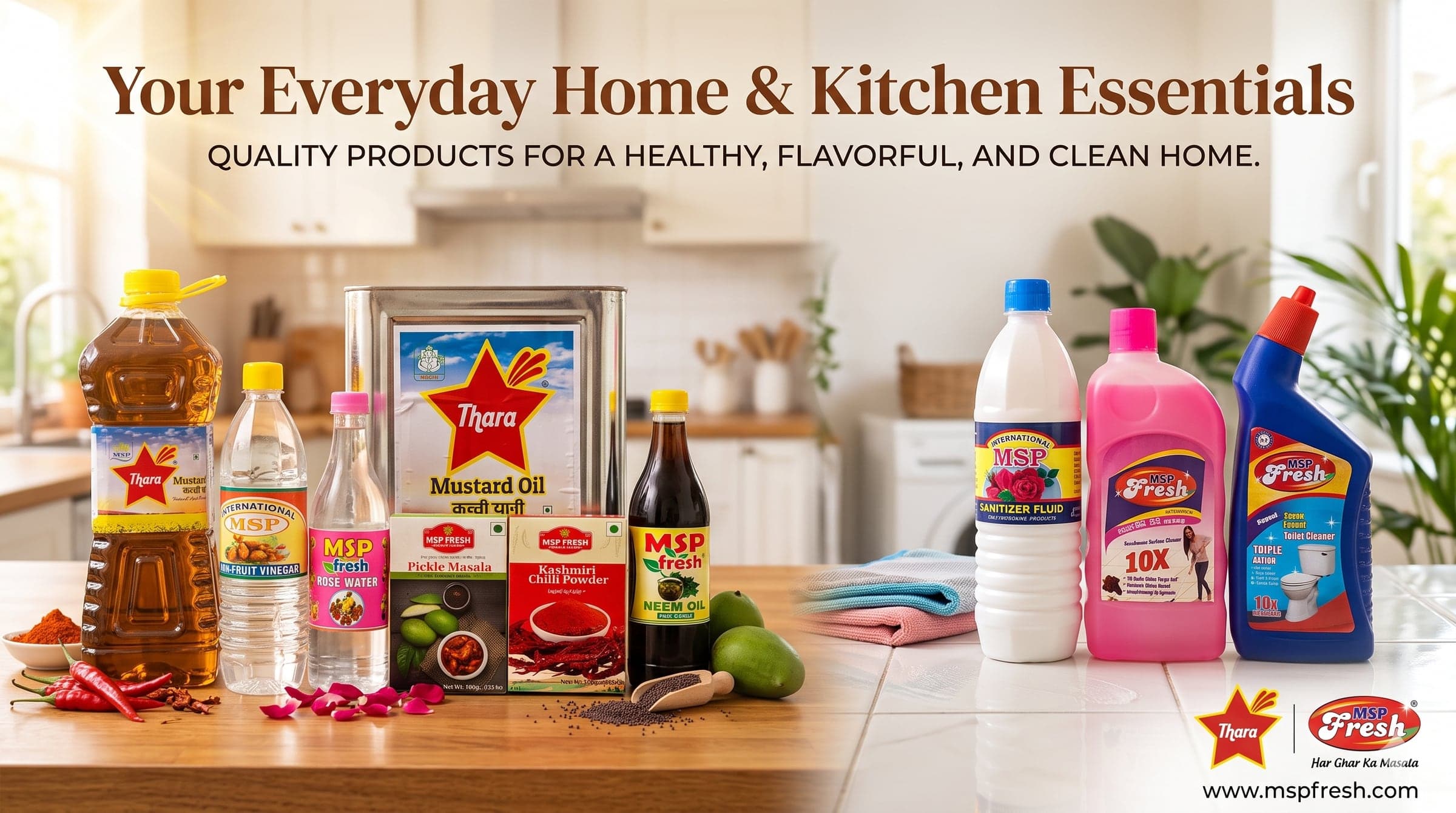MSP Fresh and Thara home & kitchen essentials — mustard oil, vinegar, rose water, neem oil, masalas and home-care products — “Your everyday home & kitchen essentials”