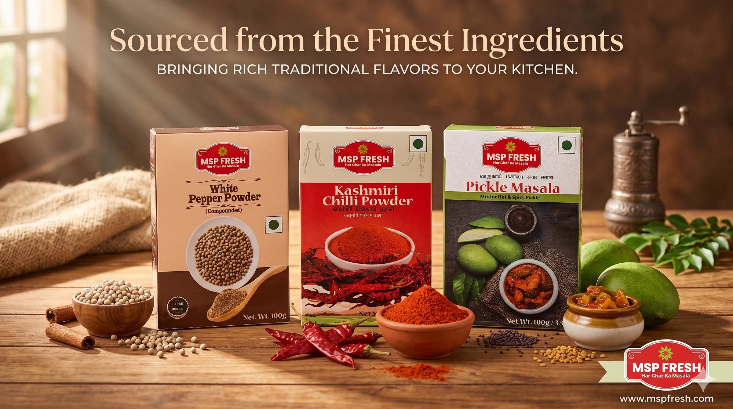 MSP Fresh White Pepper Powder, Kashmiri Chilli Powder and Pickle Masala — “Sourced from the finest ingredients”