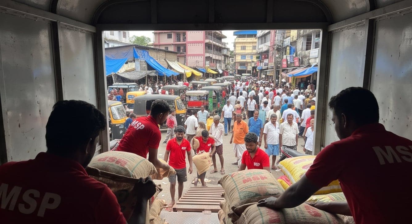 MSP team unloading sacks from inside an MSP lorry at the market