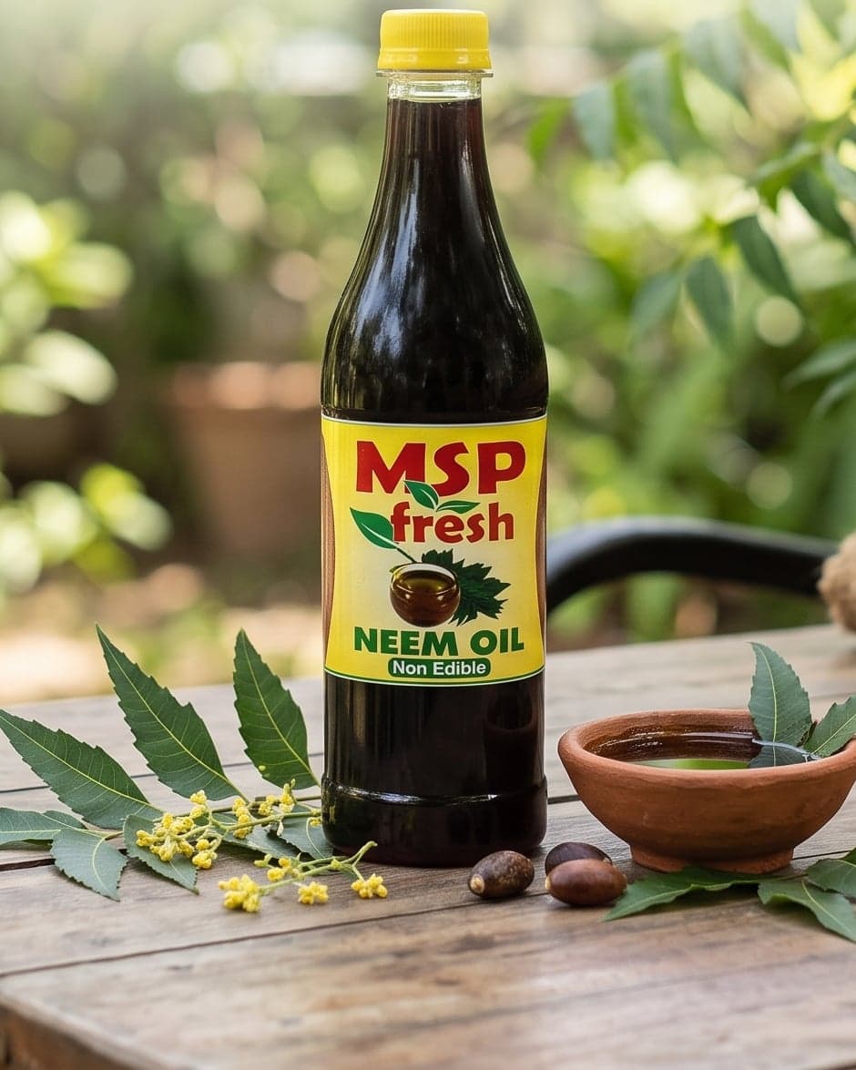 A bottle of MSP Fresh Neem Oil with neem leaves and a bowl of oil