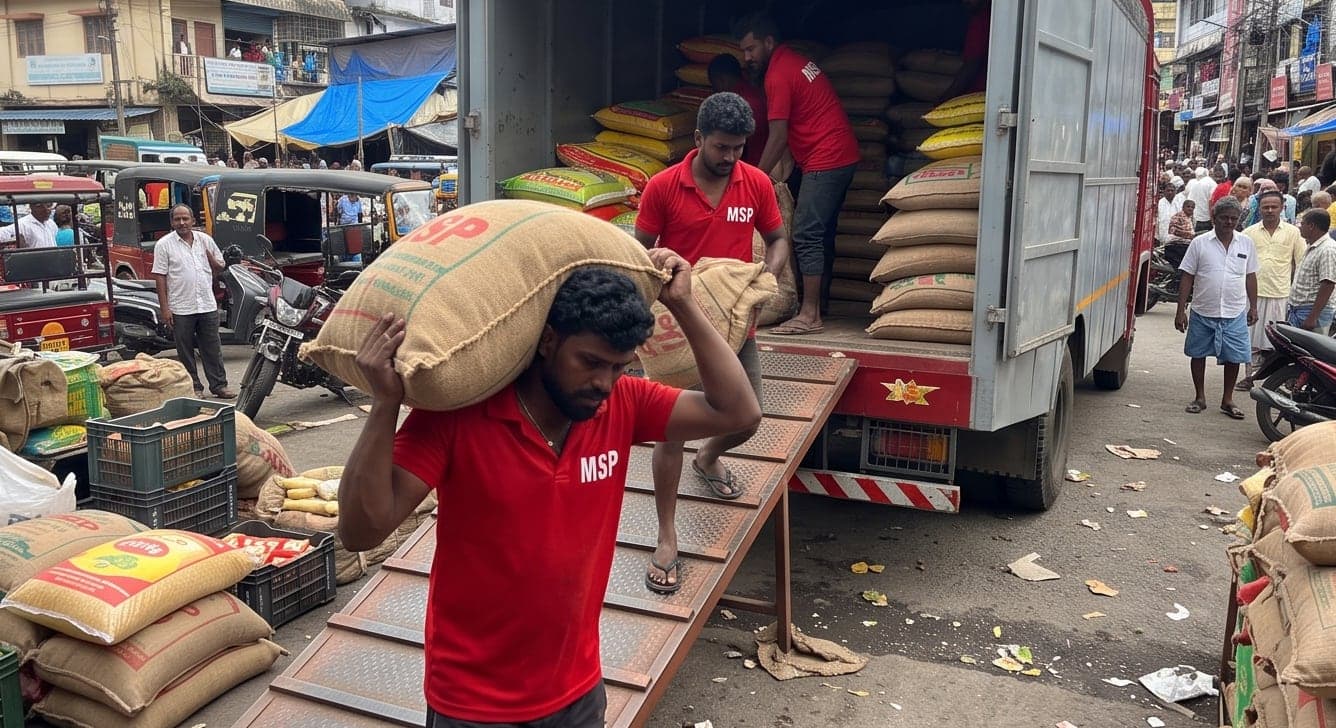 An MSP team member carrying a rice sack down the loading ramp