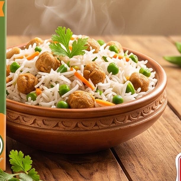 A bowl of pulao made with soya chunks