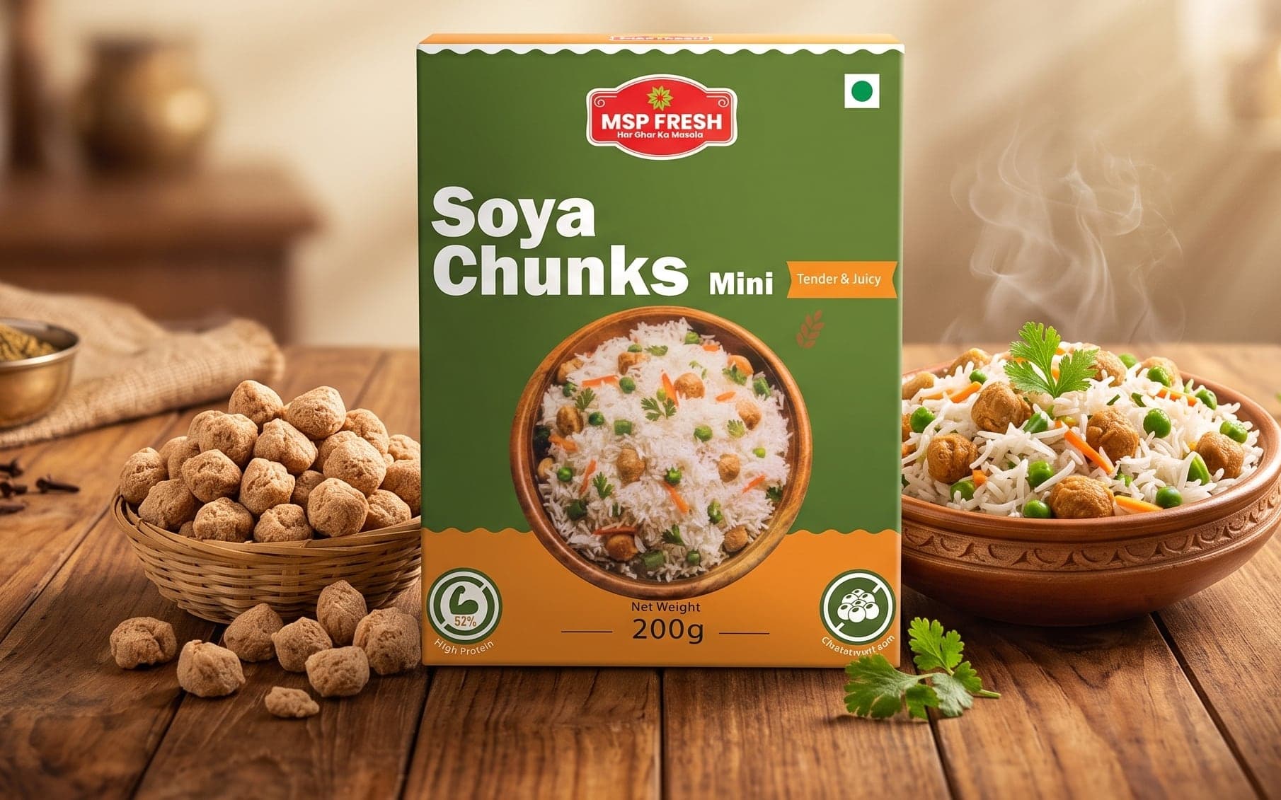 MSP Fresh Soya Chunks Mini with soya chunks and a bowl of vegetable pulao