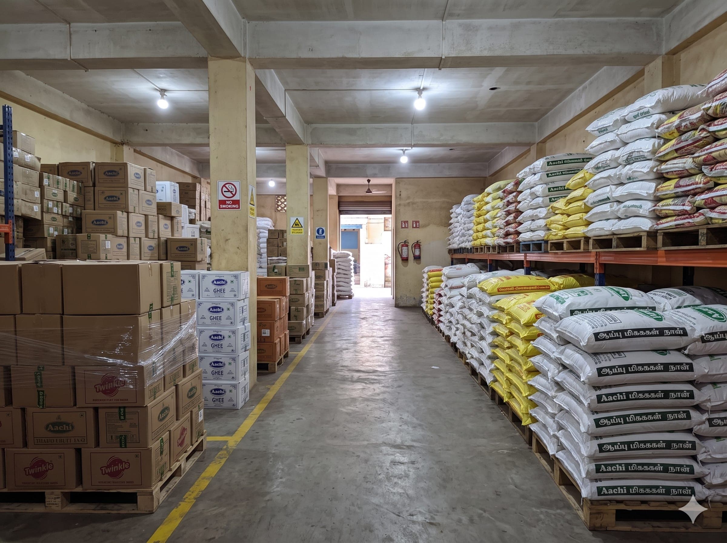 Warehouse aisle with rice sacks on racks and cartons on pallets