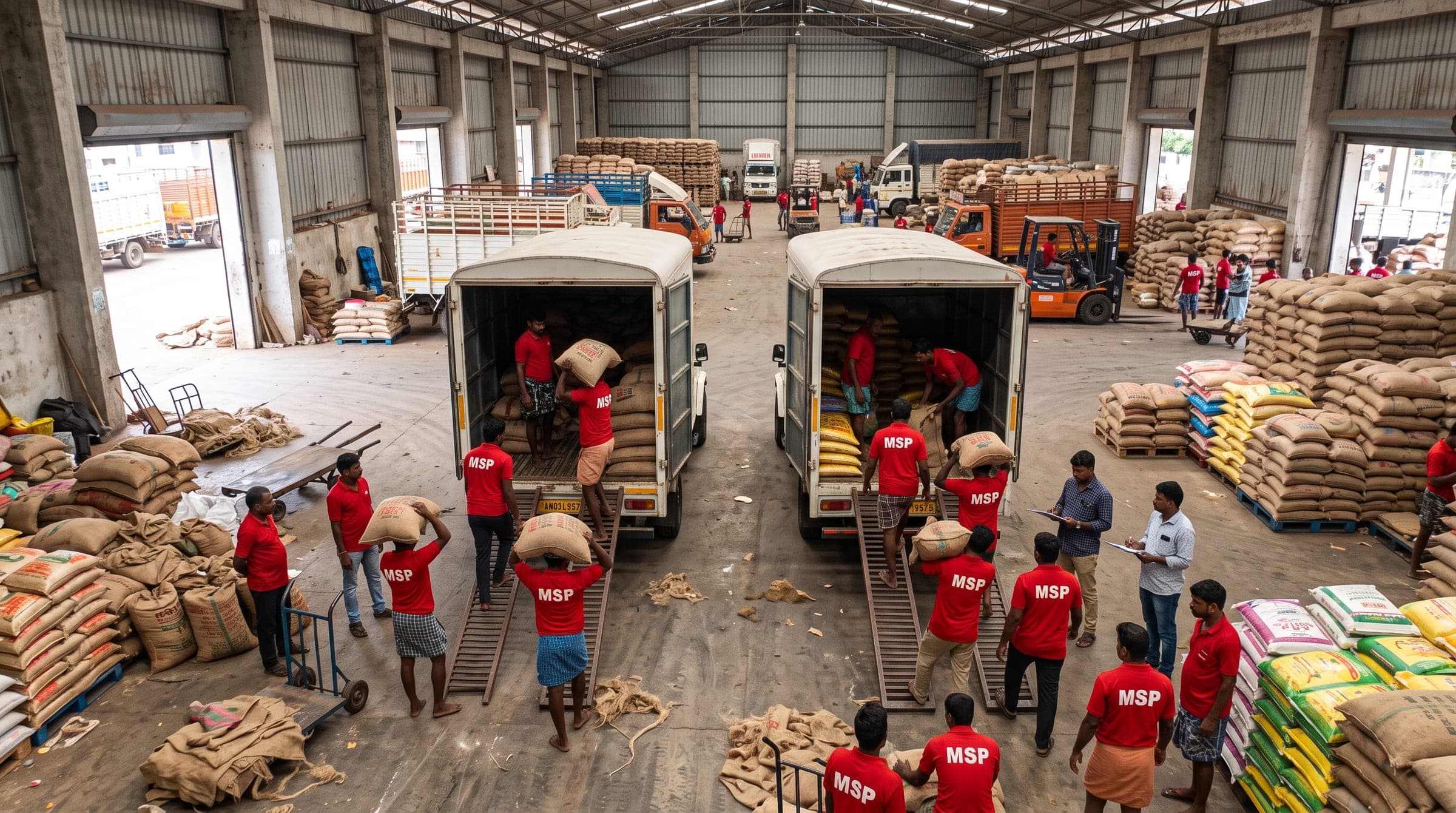 The MSP team loading sacks onto MSP trucks in the warehouse