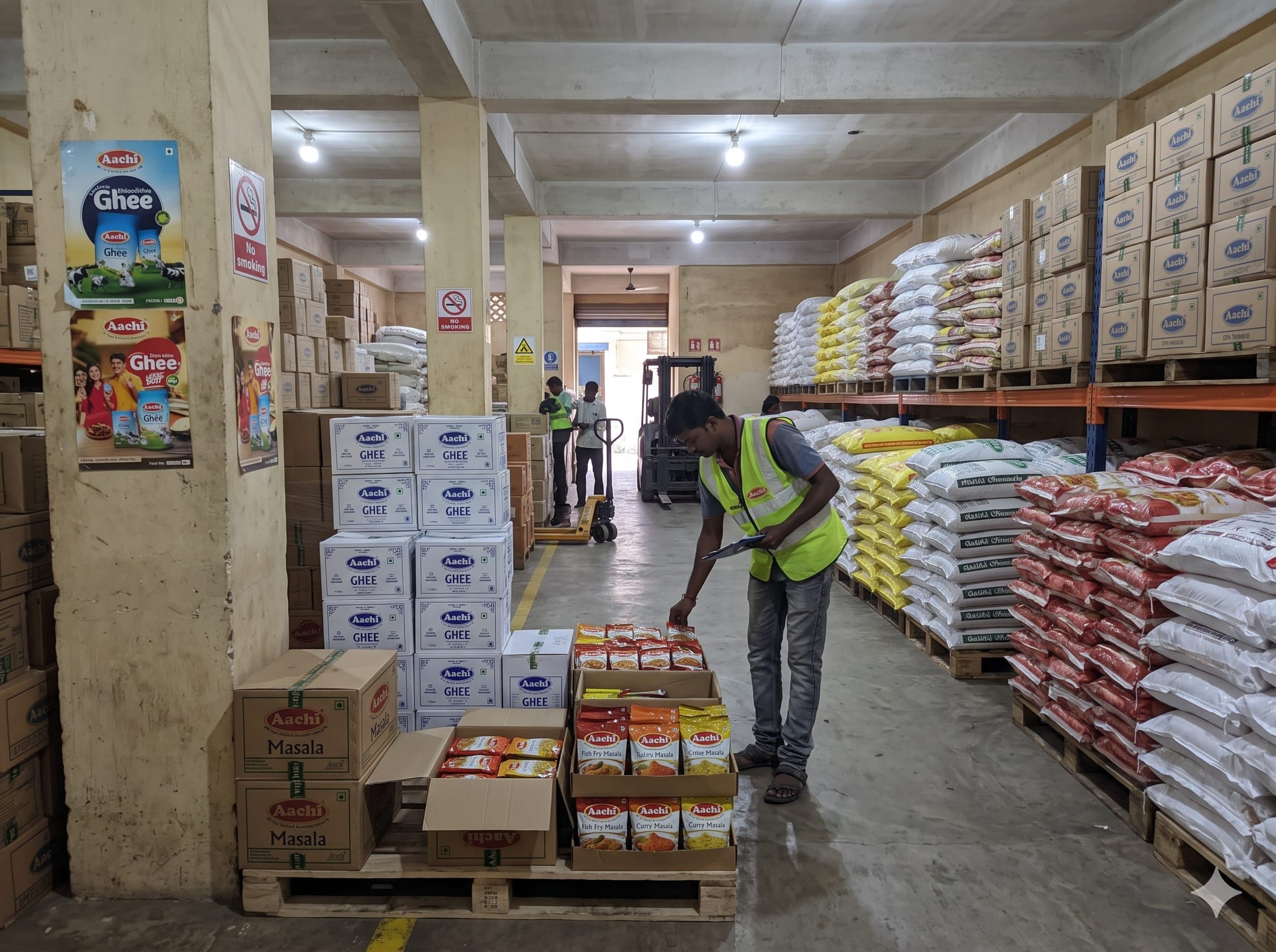 Grocery stock being checked in the warehouse — rice sacks and cartons